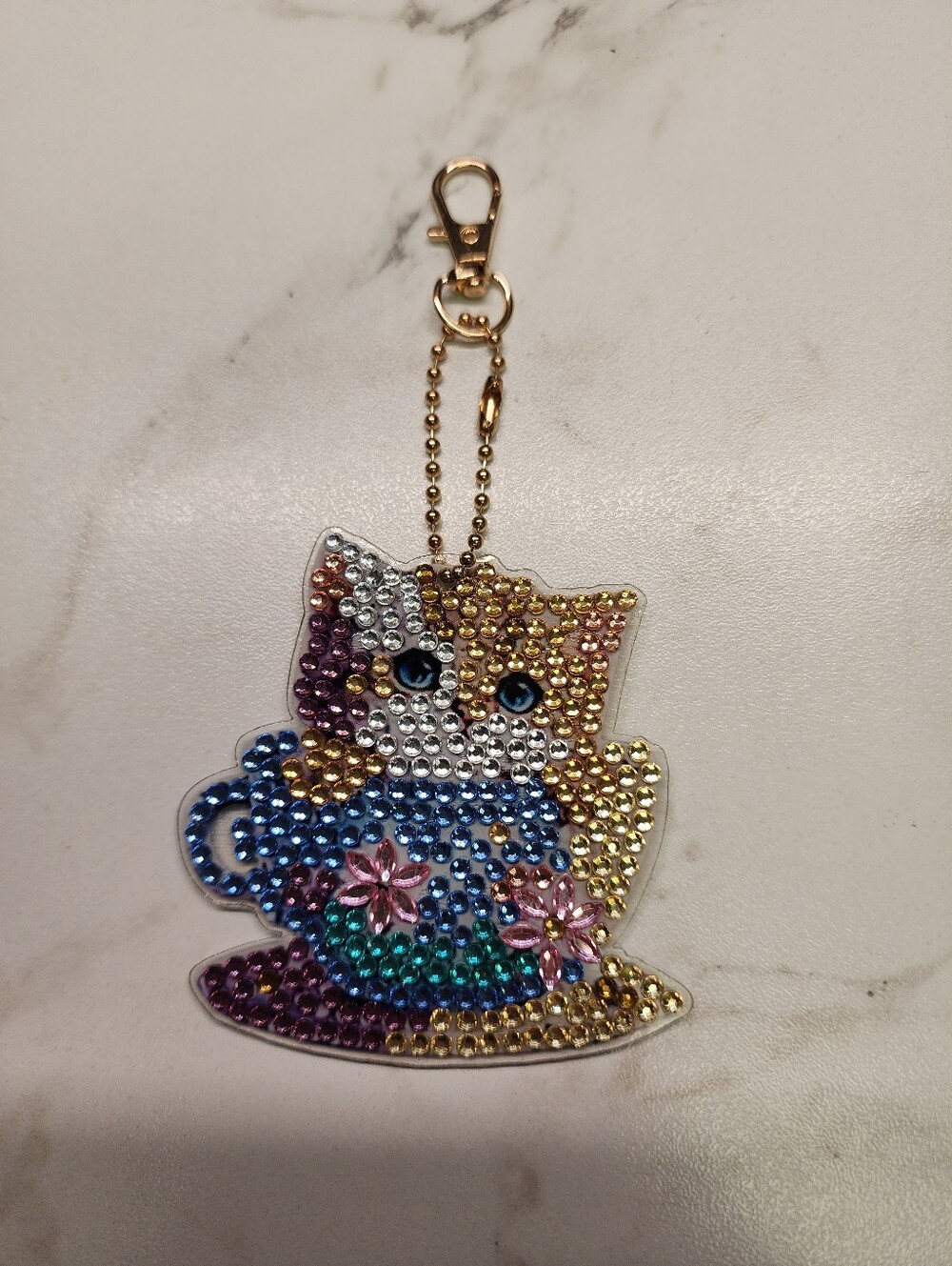 Gold Multi-Color Crystal Cat Keychain Charm